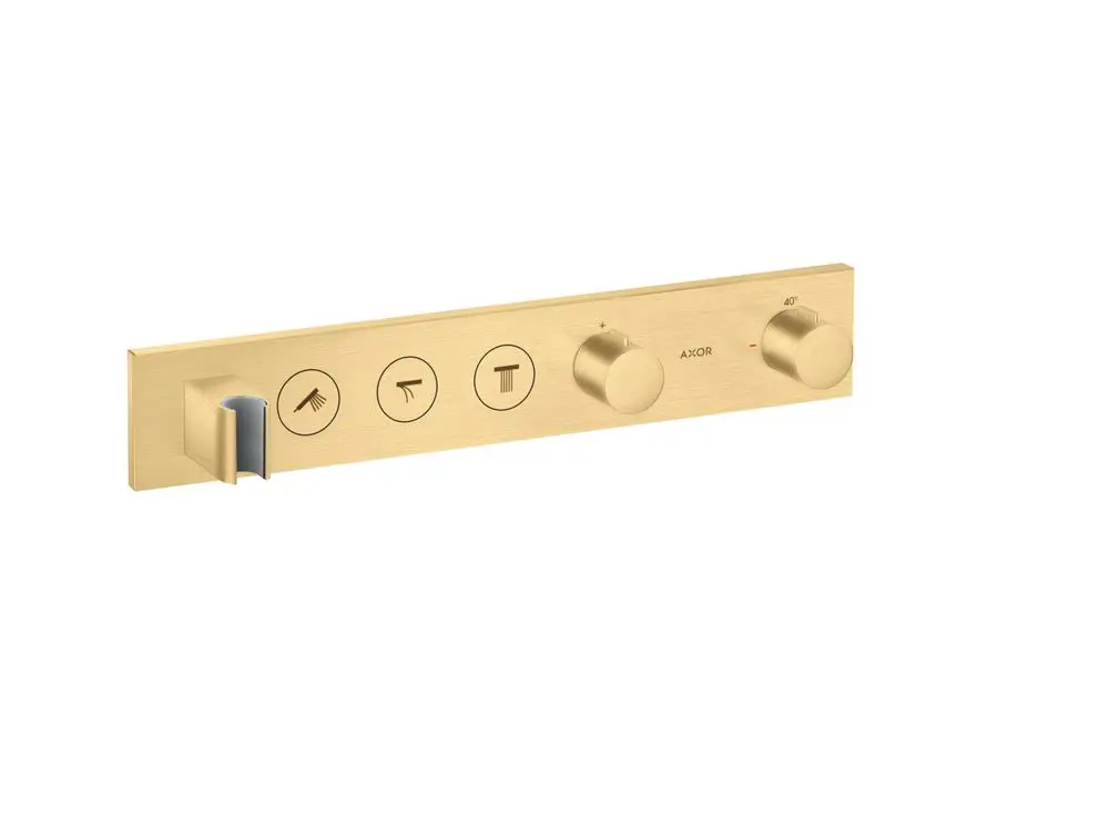 Thermostatmodul in gebürstetem Gold mit drei Bedienelementen von AXOR. Die Oberfläche zeigt verschiedene Symbole für Wasser und Temperaturregulierung.